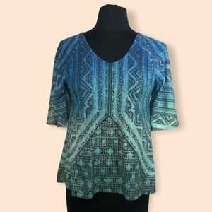 Prana Blue/Green Gradient Semi-Sheer Aztec Print Blouse X-small